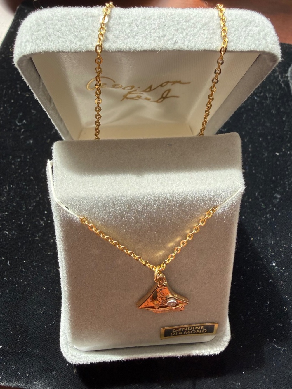 NEW = BOXED GOLD TONE SAILBOAT NECKLACE w/ GENUINE DIAMOND by Allison Reed